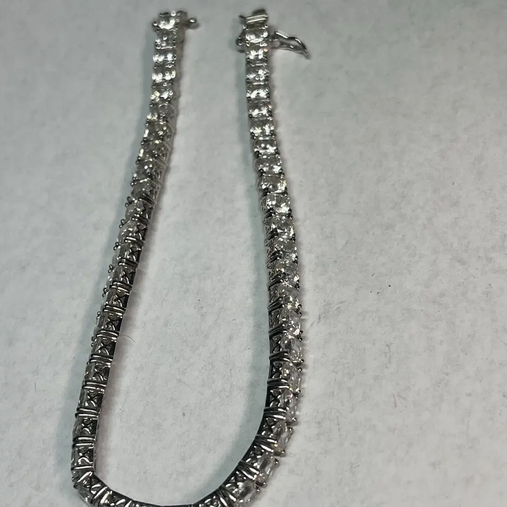 Sterling Silver 925 Tennis Bracelet With Clear White Colorless Rhinestones